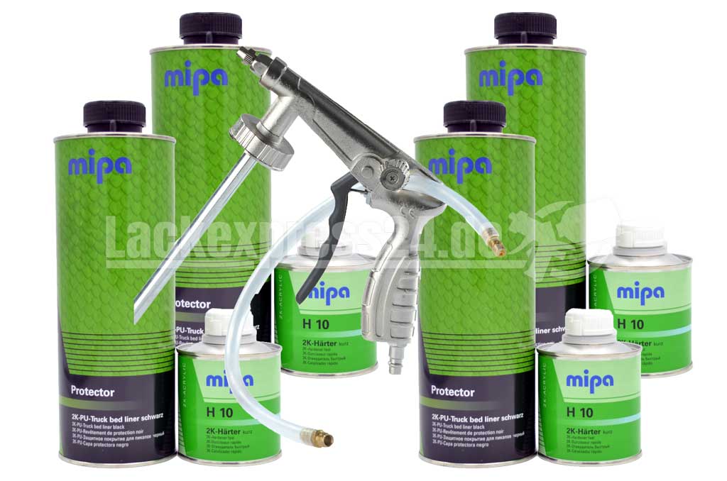 Mipa Protector 2K Transportflächen Beschichtung 4 liter Set mit Härter kurz  H10 inklusive Unterbodenschutzpistole